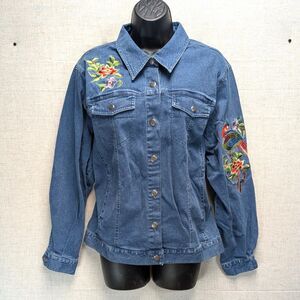 YI LIN Denim Jean Jacket Floral Floral Bird Embroidery Button Up Women's Size L